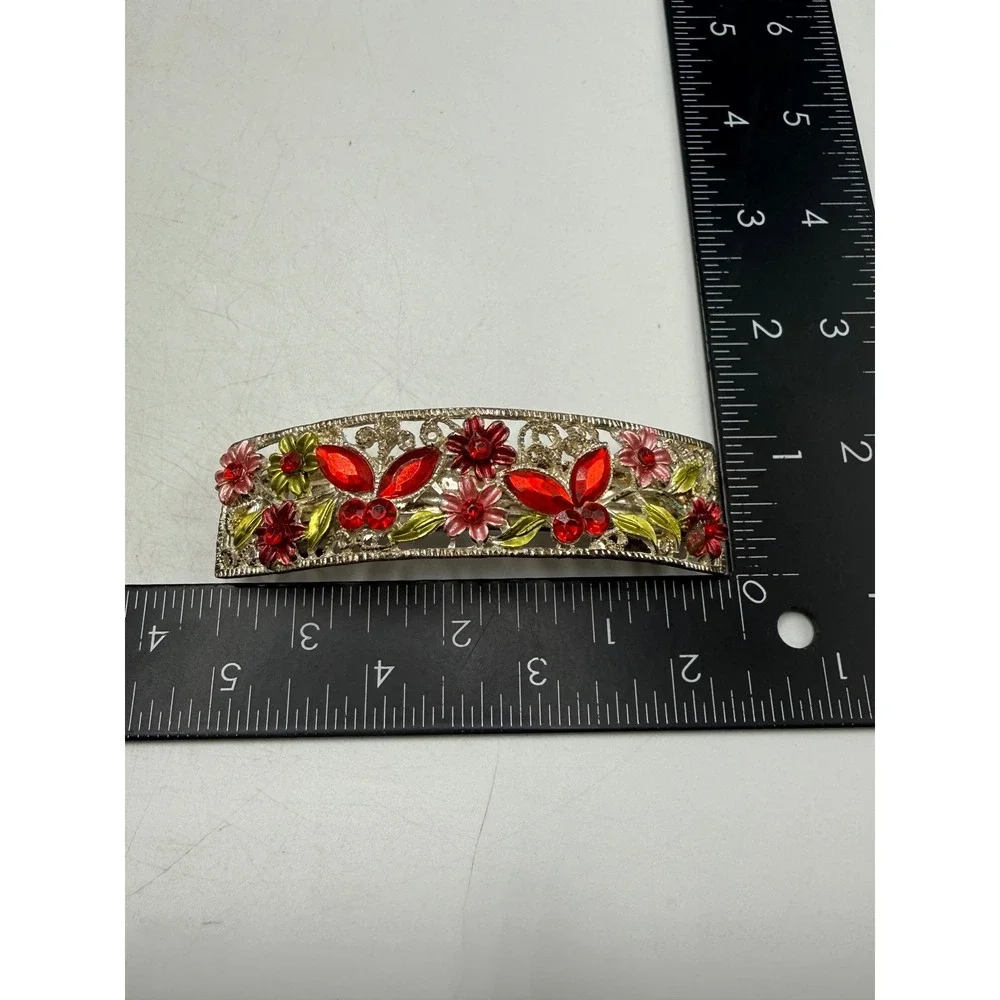 Vintage Floral Filigree Hair Barrette Red Rhinestone Enamel Flower Silver Tone